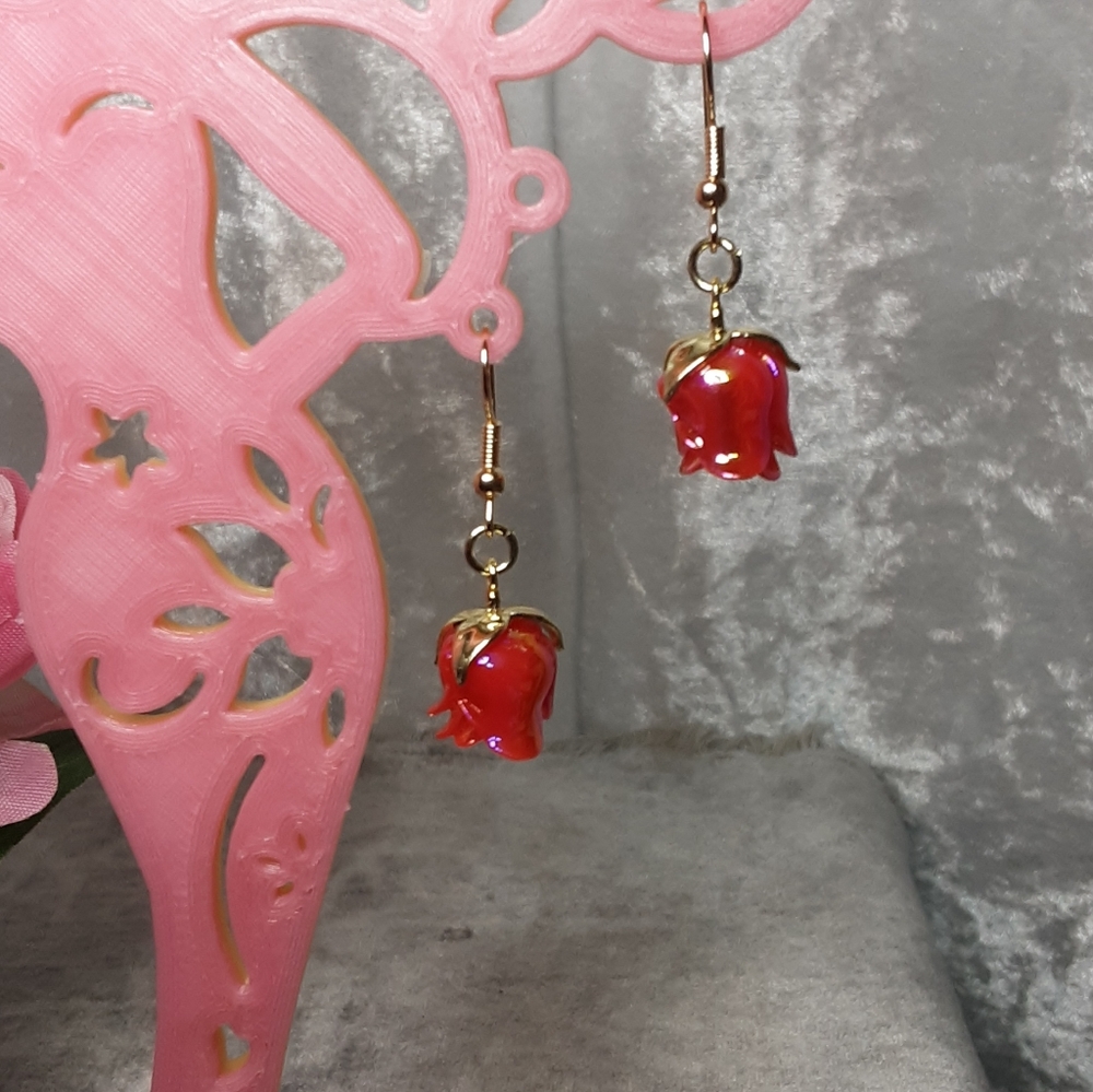 Handmade Rose Bud Earrings Irridescent Finish